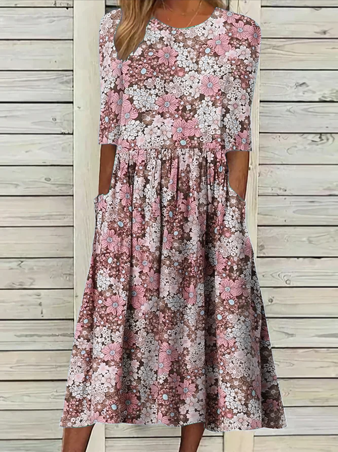 Vacation Knitted Crew Neck Floral Dress