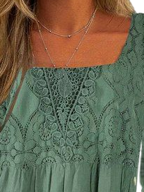 Square Neck Lace Linen Ethnic Plain Casual Loose Tunic Dress