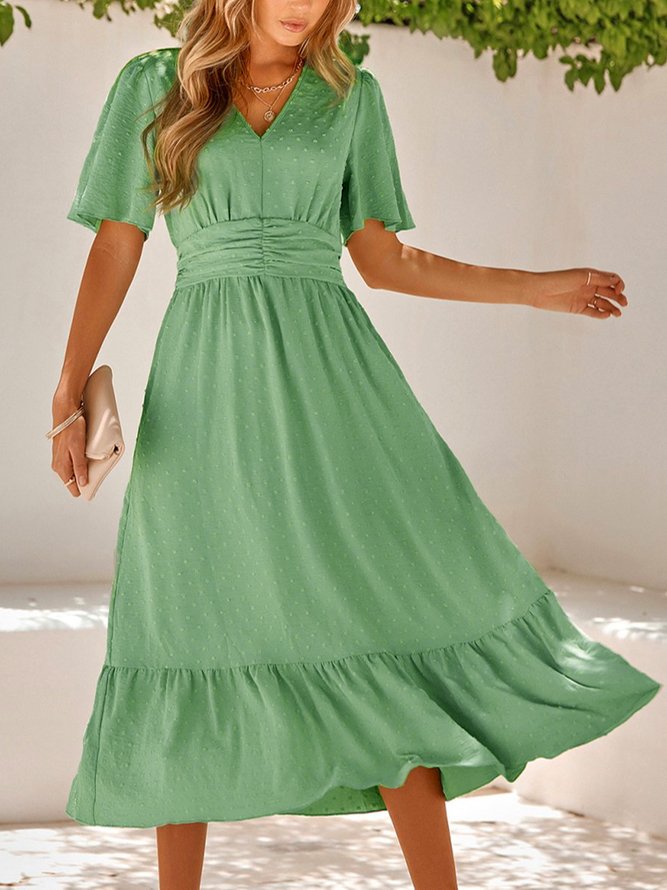 Light Green Swiss Dot Bell-Sleeve V-Neck Loose Vacation V Neck Dress