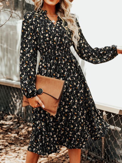 Ditsy Floral Casual Stand Collar Loose Dress