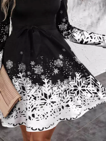 Snowflake Crew Neck Casual Cotton-Blend Dress