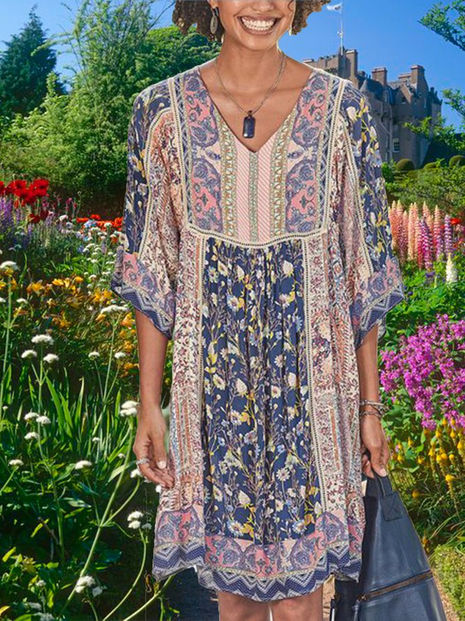 Half Sleeve Casual Cotton-Blend V Neck Weaving Dress