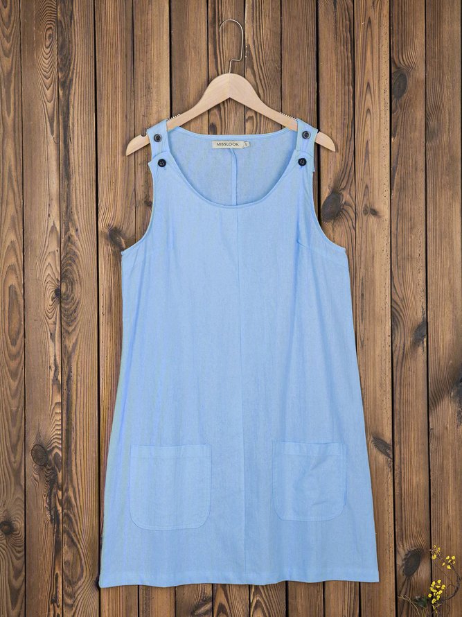 Round Neck Sleeveless Buttoned Plain Causal Mini Dresses