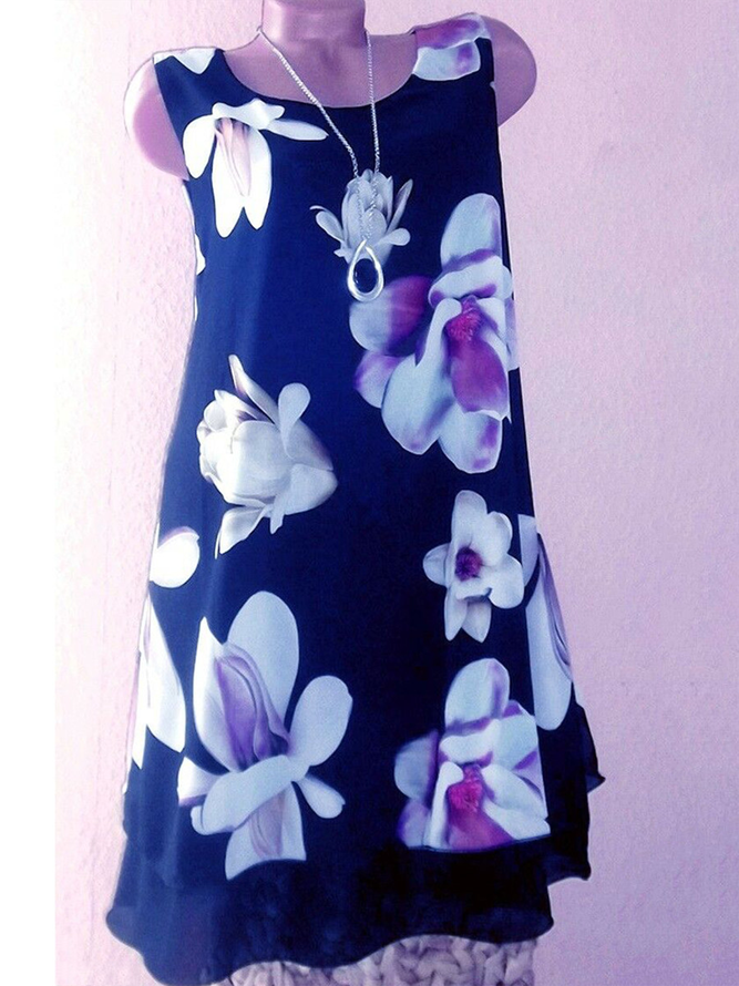 Floral-Print Crew Neck Cotton-Blend Sleeveless Weaving Dress