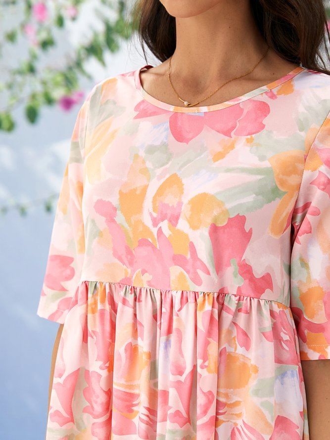 Loose Floral Crew Neck Casual Dress