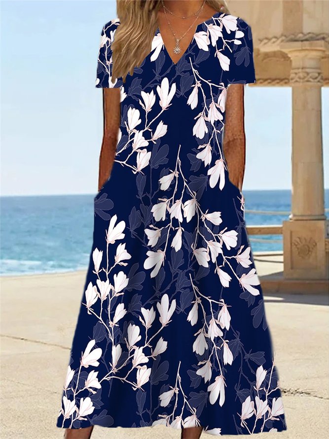 Floral Notched Elegant Loose Dress