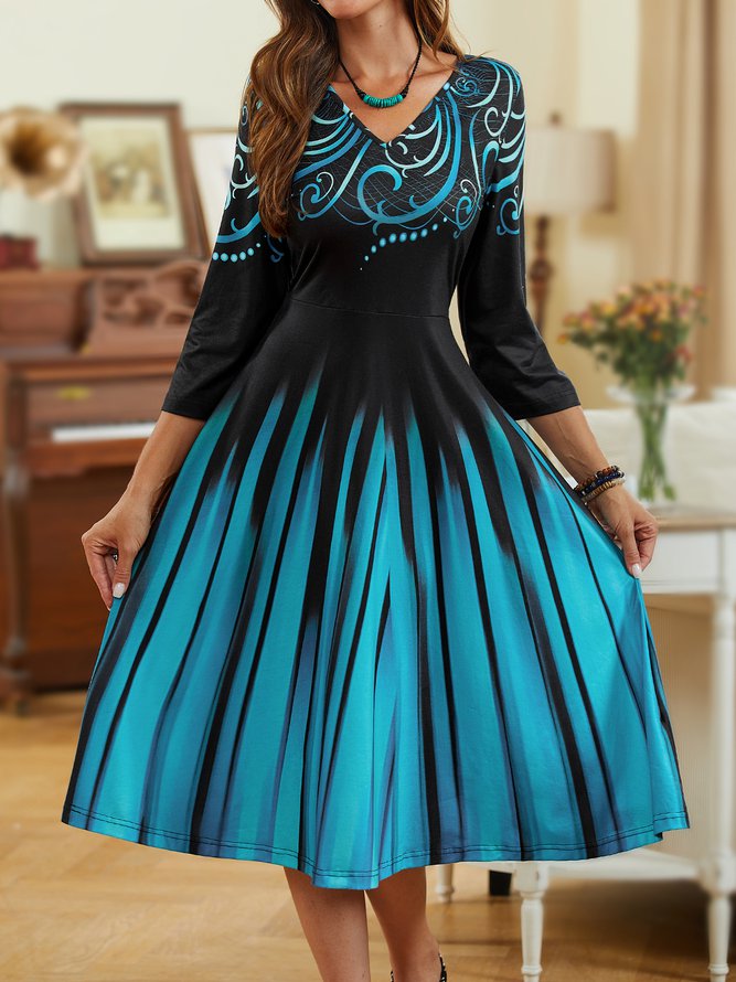 V Neck Geometric Regular Fit Dress