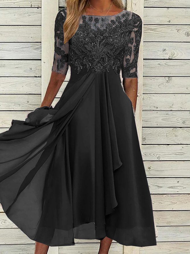 Round Neck Lace Swing Elegant Occasion Formal Wedding Guest Midi Prom Dress