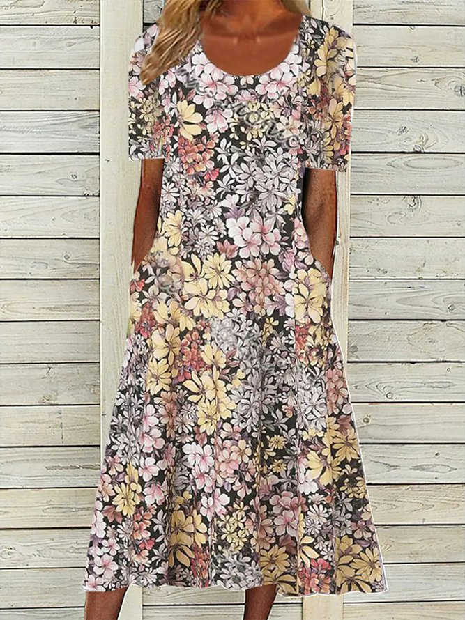 Crew Neck Floral Pockets Vacation Midi Dress