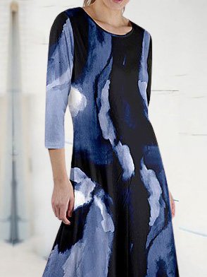 Abstract 3/4 Sleeve Printed Long Dress