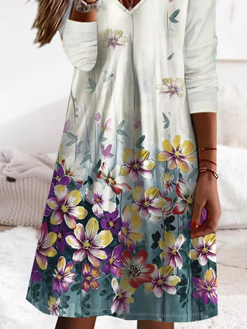 Floral V Neck Casual Loose Dress