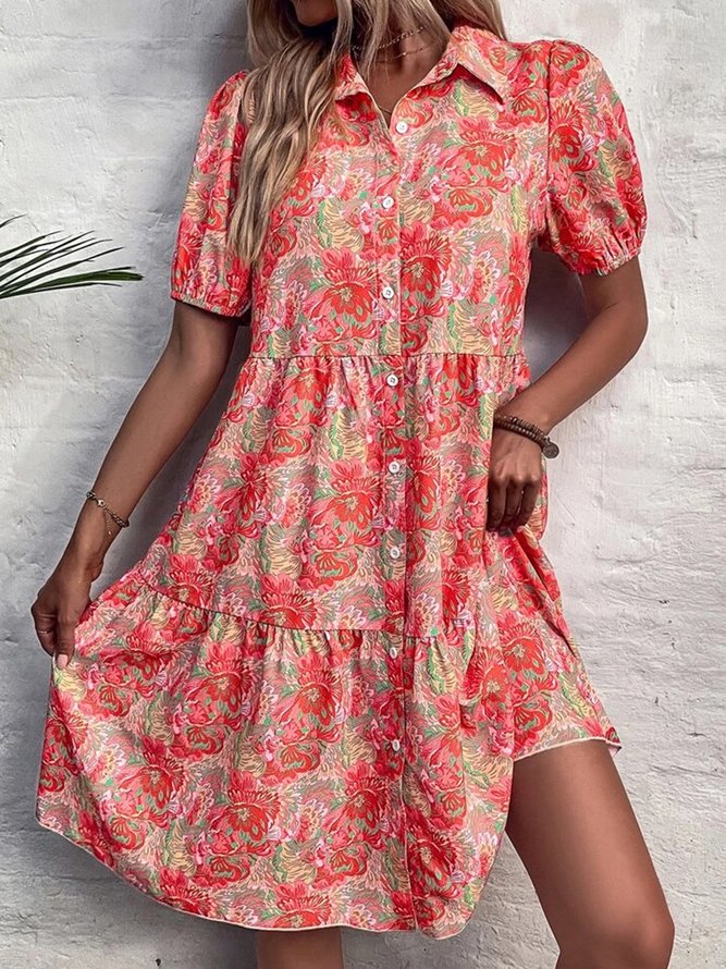 Vacation Buttoned Floral Loose Dress