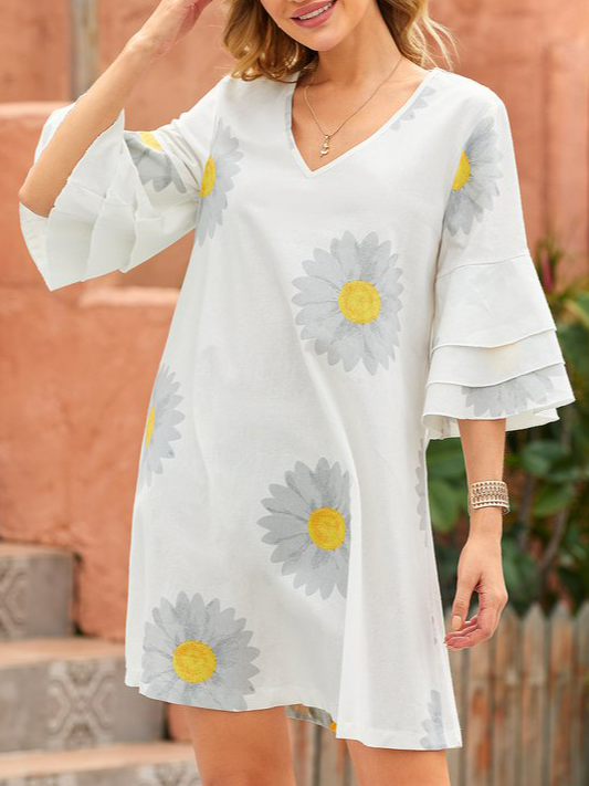V Neck Cotton Floral-Print Casual Weaving Dress