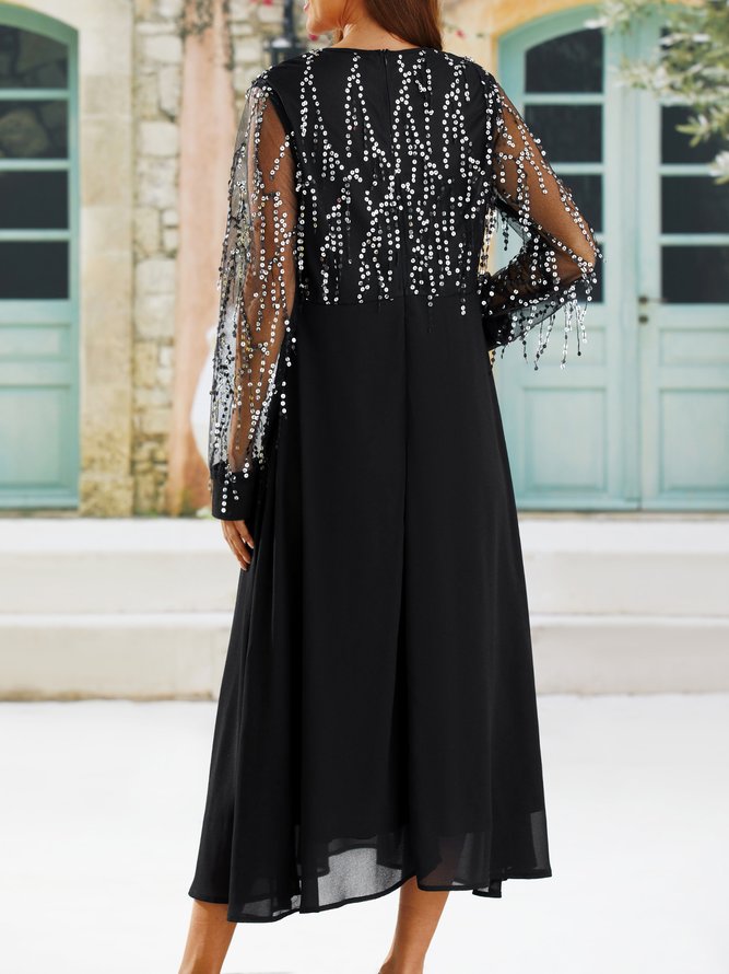 Women's Black Long Sleeve Print Sequins Winter Fall V Neck maxi formal Dress