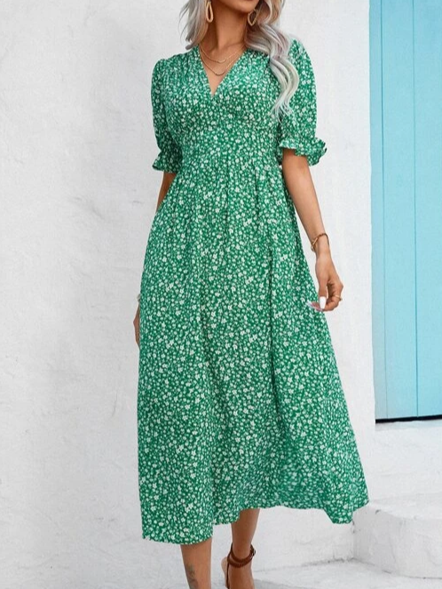 Vacation Loose V Neck Floral Dress