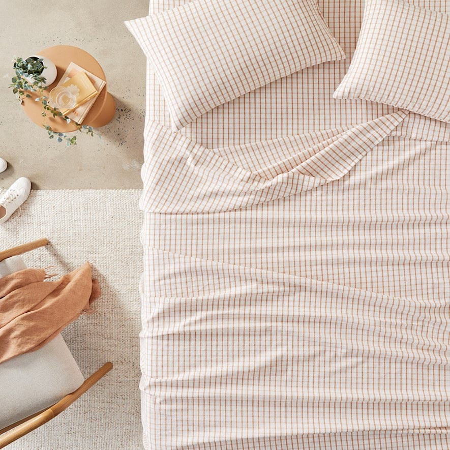 Vintage Washed Linen Cotton Earth Check Sheet Set