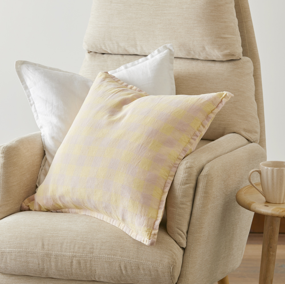 Belgian Nude Pink & Limoncello Check Vintage Washed Linen Cushion