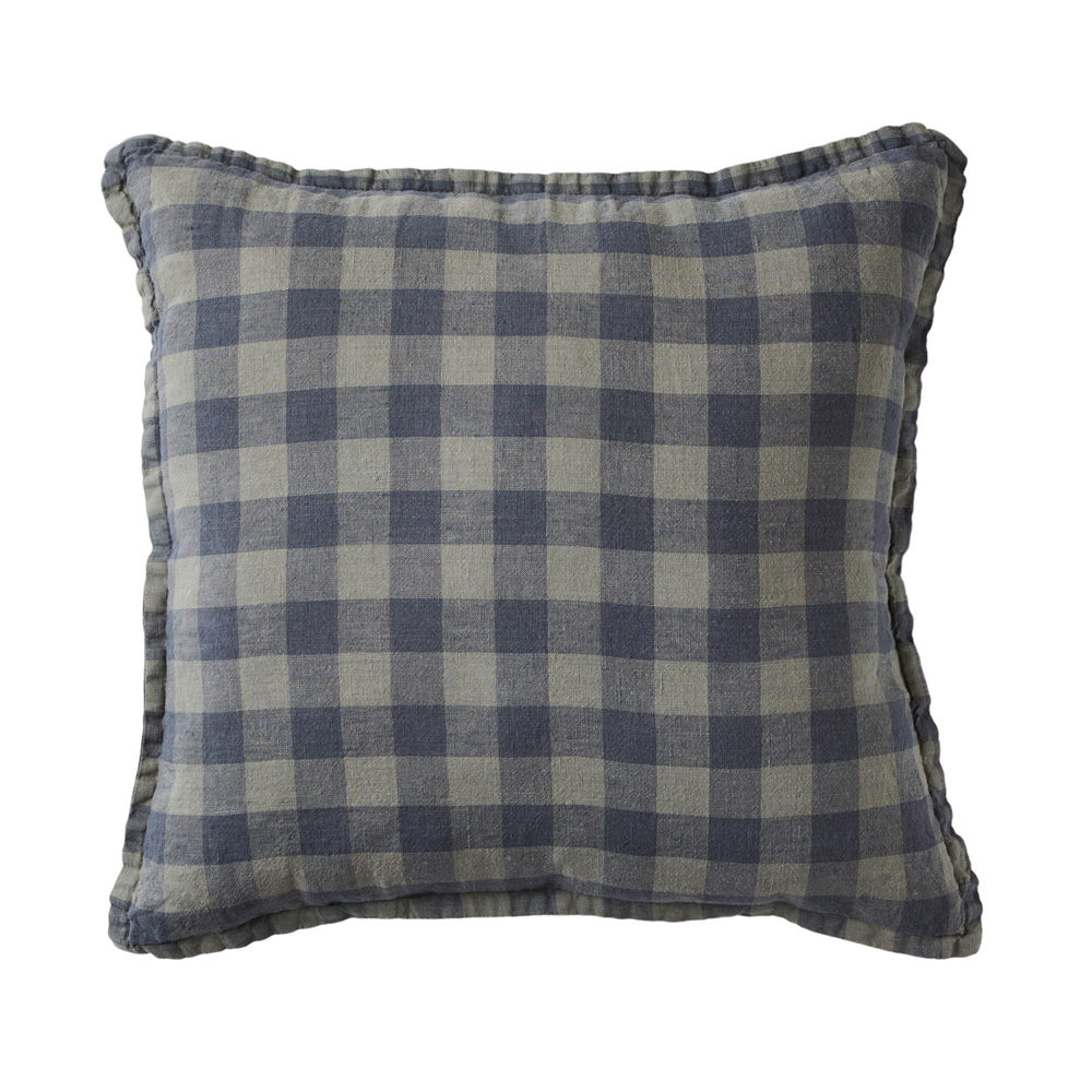 Belgian Gum Leaf & Deep Teal Check Vintage Washed Linen Cushion