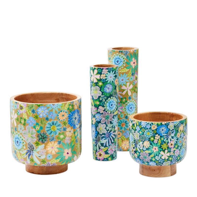 Sia Floral Blue Timber Pot