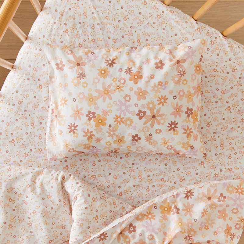 Dahlia Floral Natural Quilted Cot Quilt Cover Set