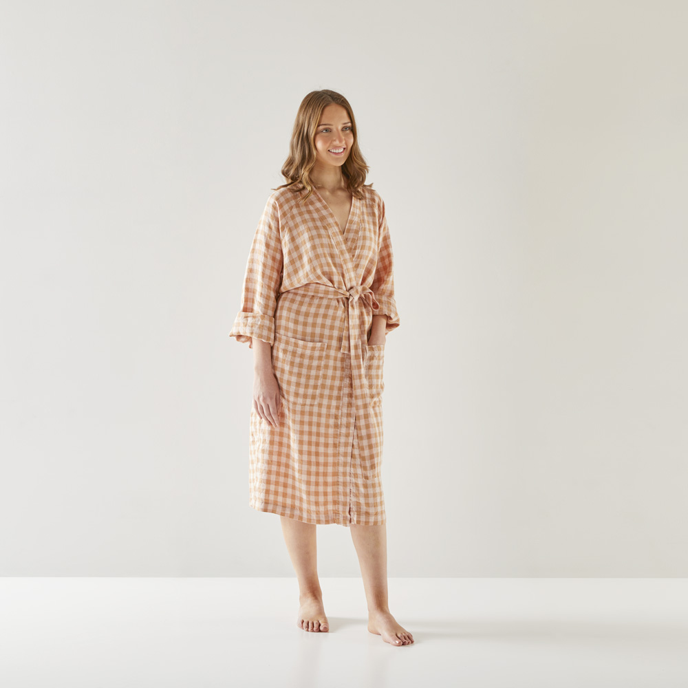 Vintage Washed Linen Caramel & Pink Check Robe