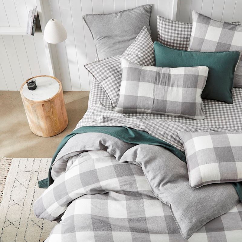 Vintage Washed Linen Large Grey Marle Check Quilt Cover Separates