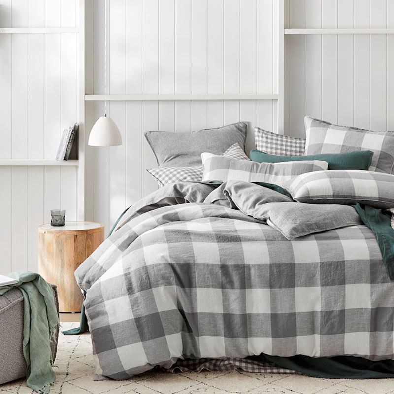 Vintage Washed Linen Grey Marle Check Pillowcase