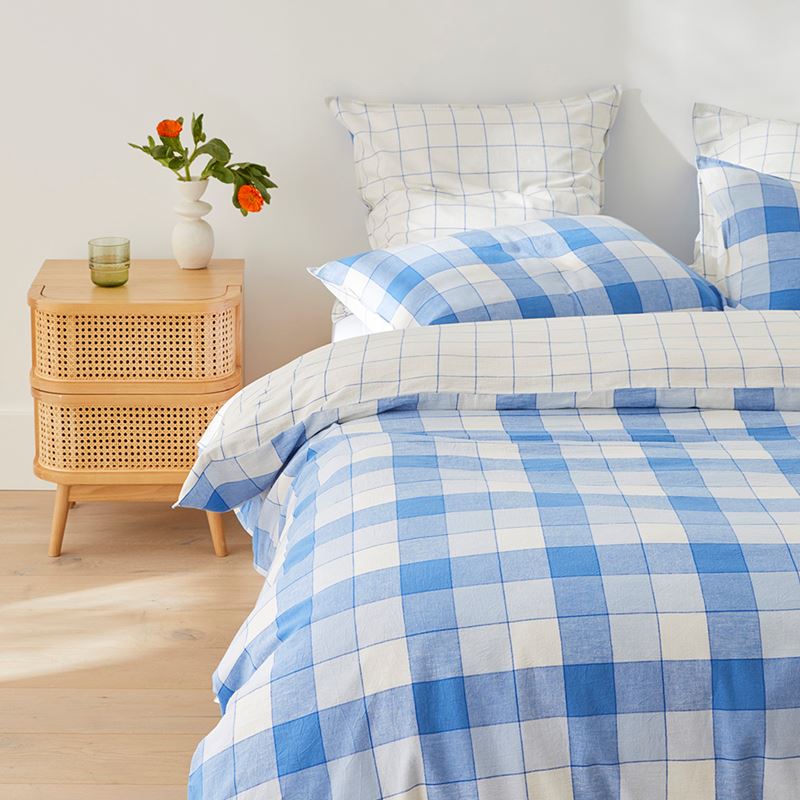 Vintage Washed Linen Cotton French Blue Check Quilt Cover Set + Separates