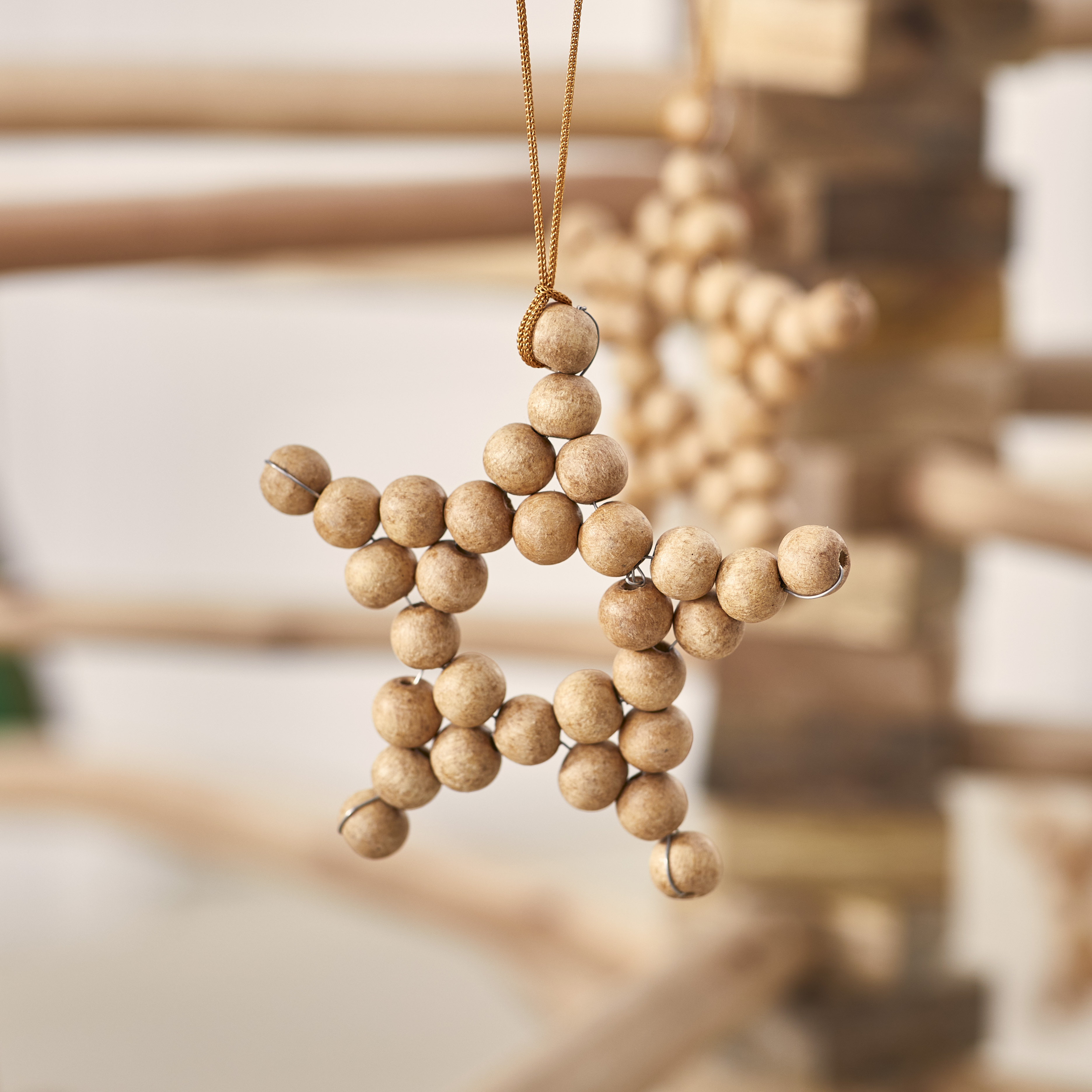 Beaded Natural Wooden 5 Point Star Ornament