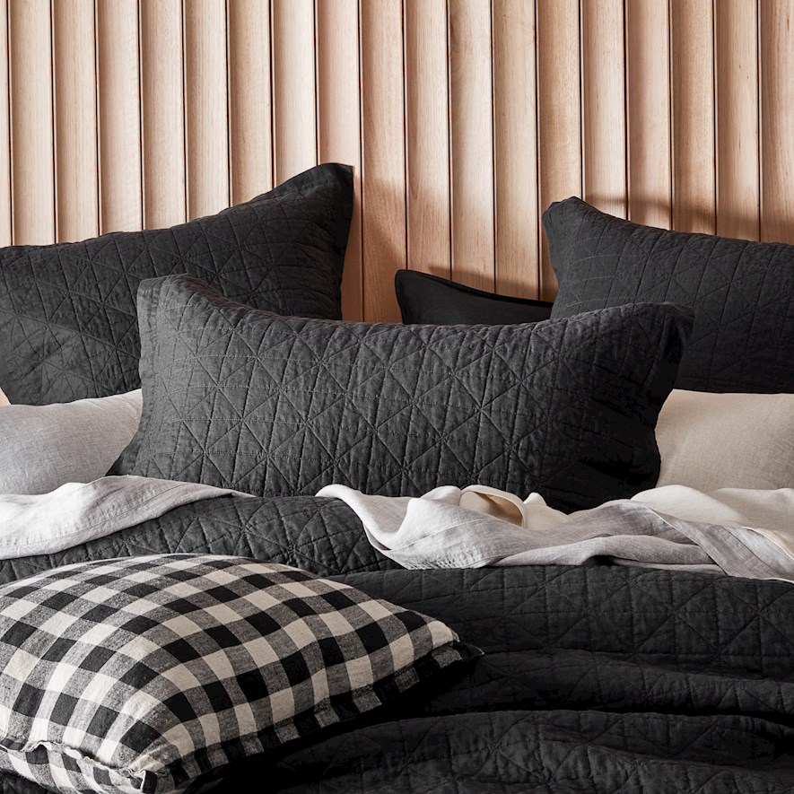 Vintage Washed Linen Onyx Quilted Pillowcase