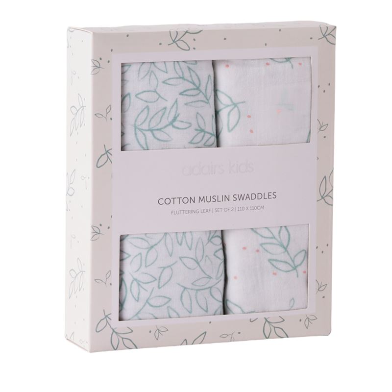Fluttering Leaf Sage Natural Cotton Muslin Baby Swaddles 2pk