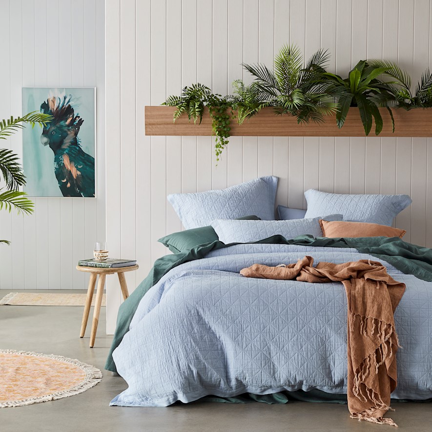 Vintage Washed Linen Dusty Blue Quilted Quilt Cover Separates