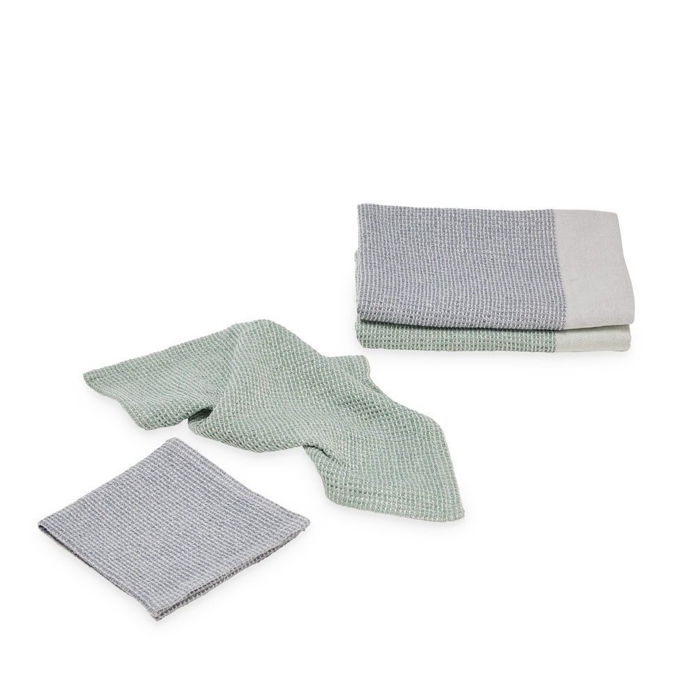 Stonewashed Waffle Mint & Blue Tea Towel & Dishcloth Set