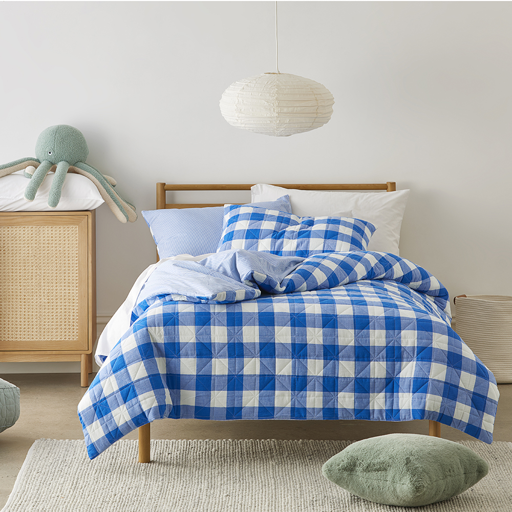 Mickey Gingham Cobalt Quilted Quilt Cover Set