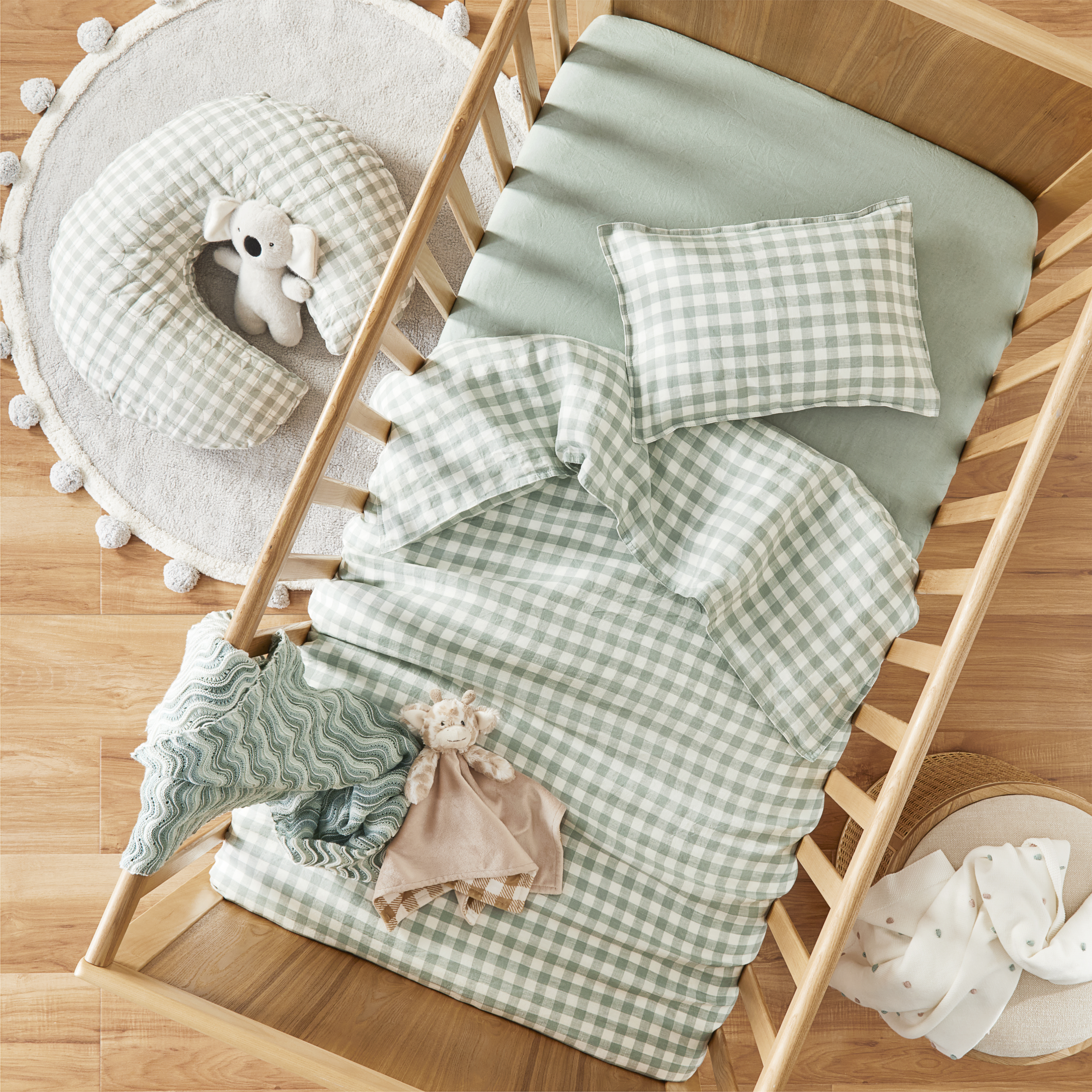 Vintage Washed Linen Eucalyptus Check Cot Quilt Cover