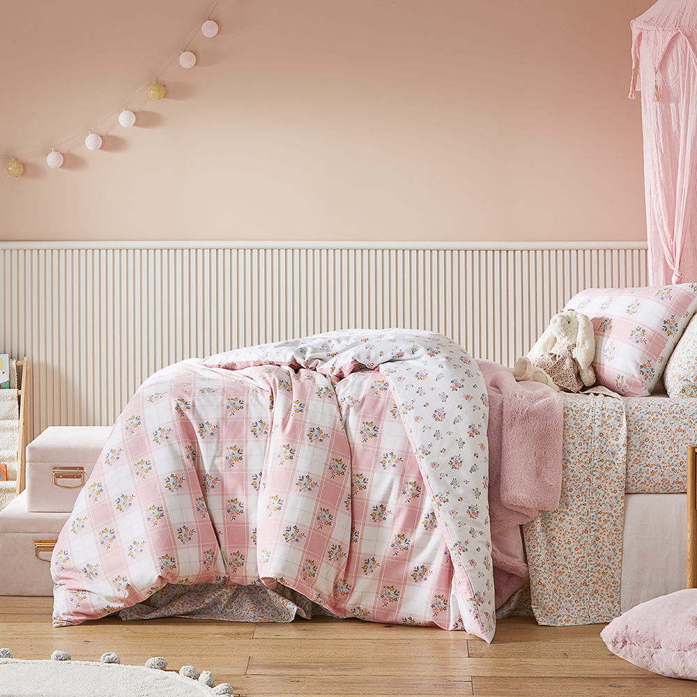Lottie Vintage Pastel Pink Floral Flannelette Quilt Cover Set