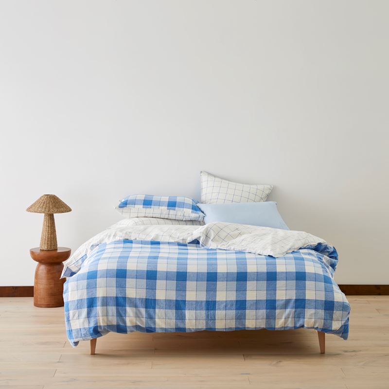 Vintage Washed Linen Cotton French Blue Check Pillowcases