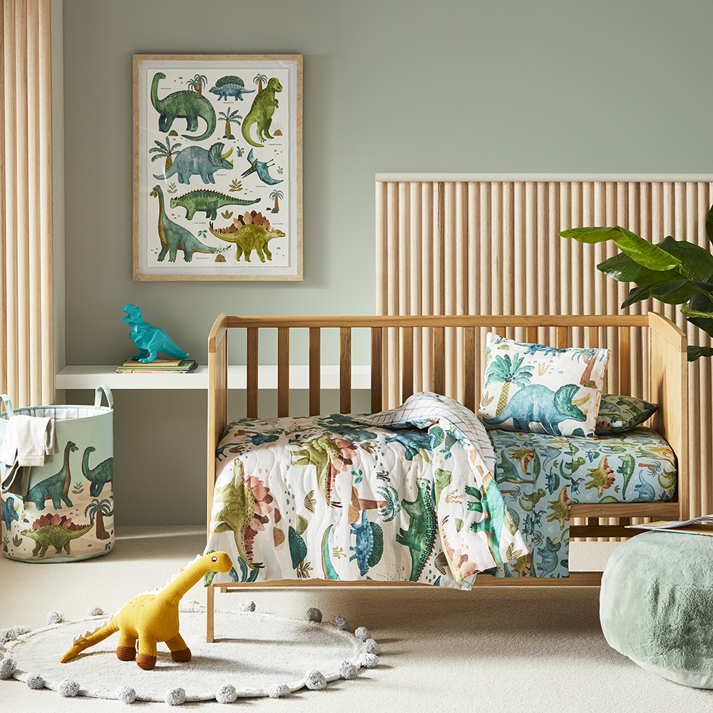 Dinosaur Explore Natural Cot Quilted Quilt Cover