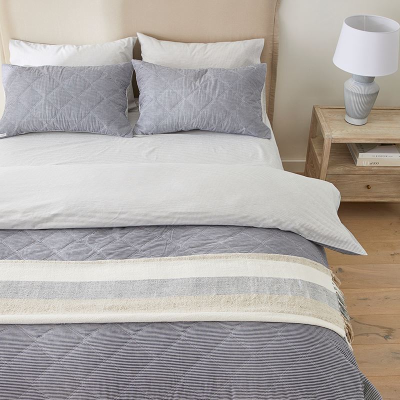 Stonewashed Cotton Printed Navy Stripe Quilted Coverlet Separates