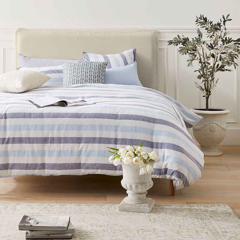 Vintage Washed Linen Cotton Atlantic Stripe Blue Pillowcases