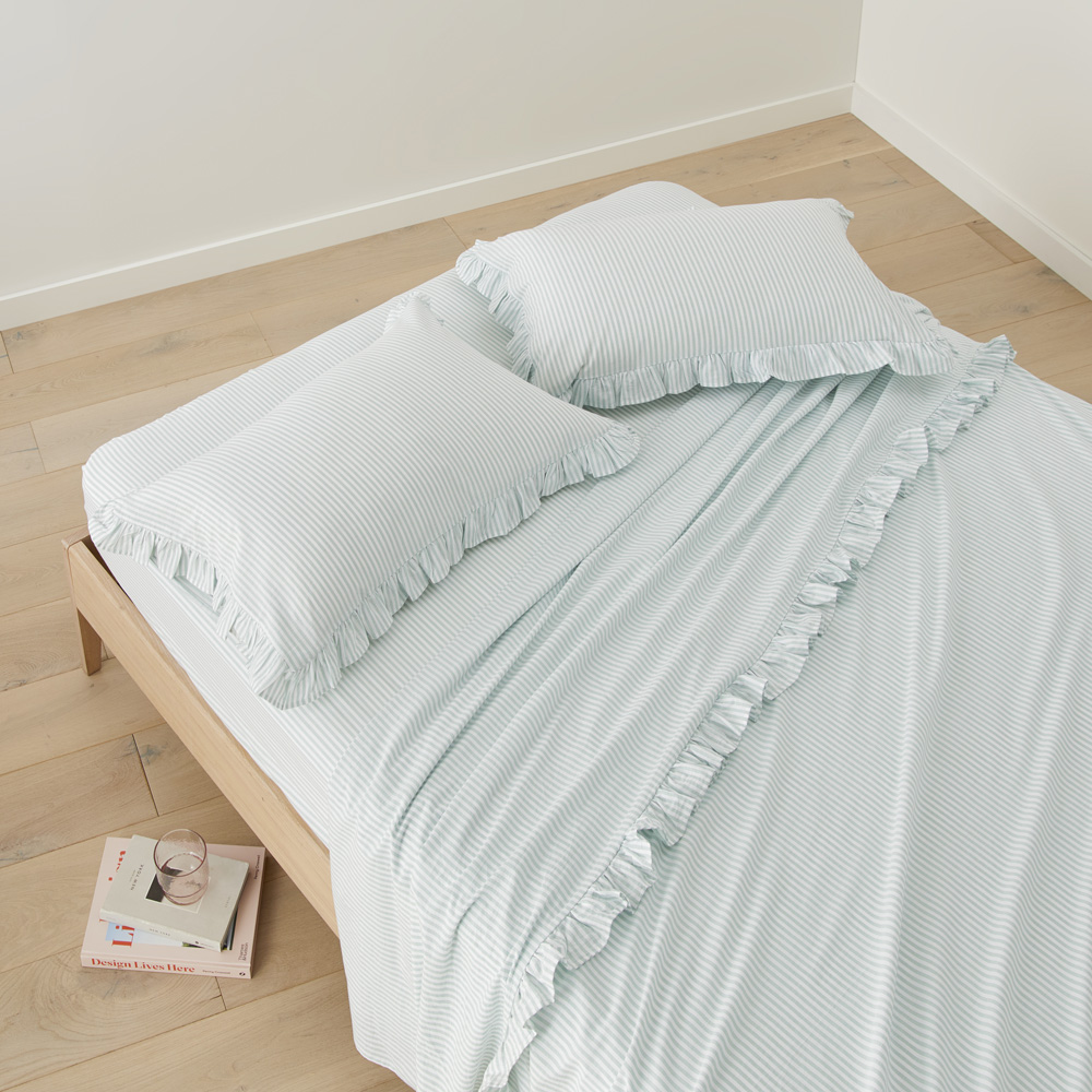 Ruffle Mint Blue Stripe Sheet Set