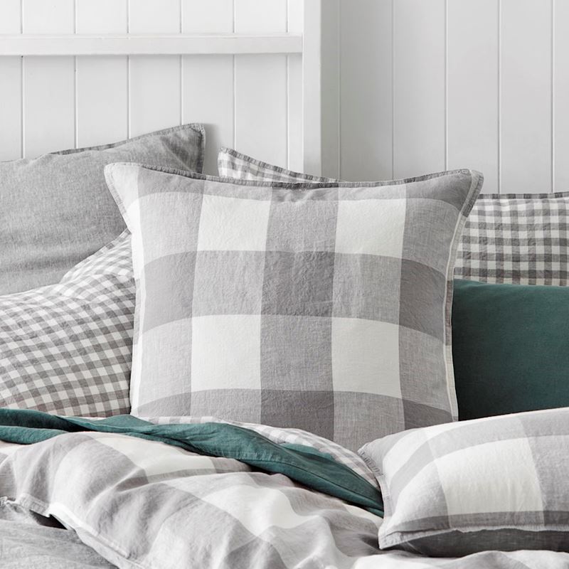 Vintage Washed Linen Large Grey Marle Check Quilt Cover Separates