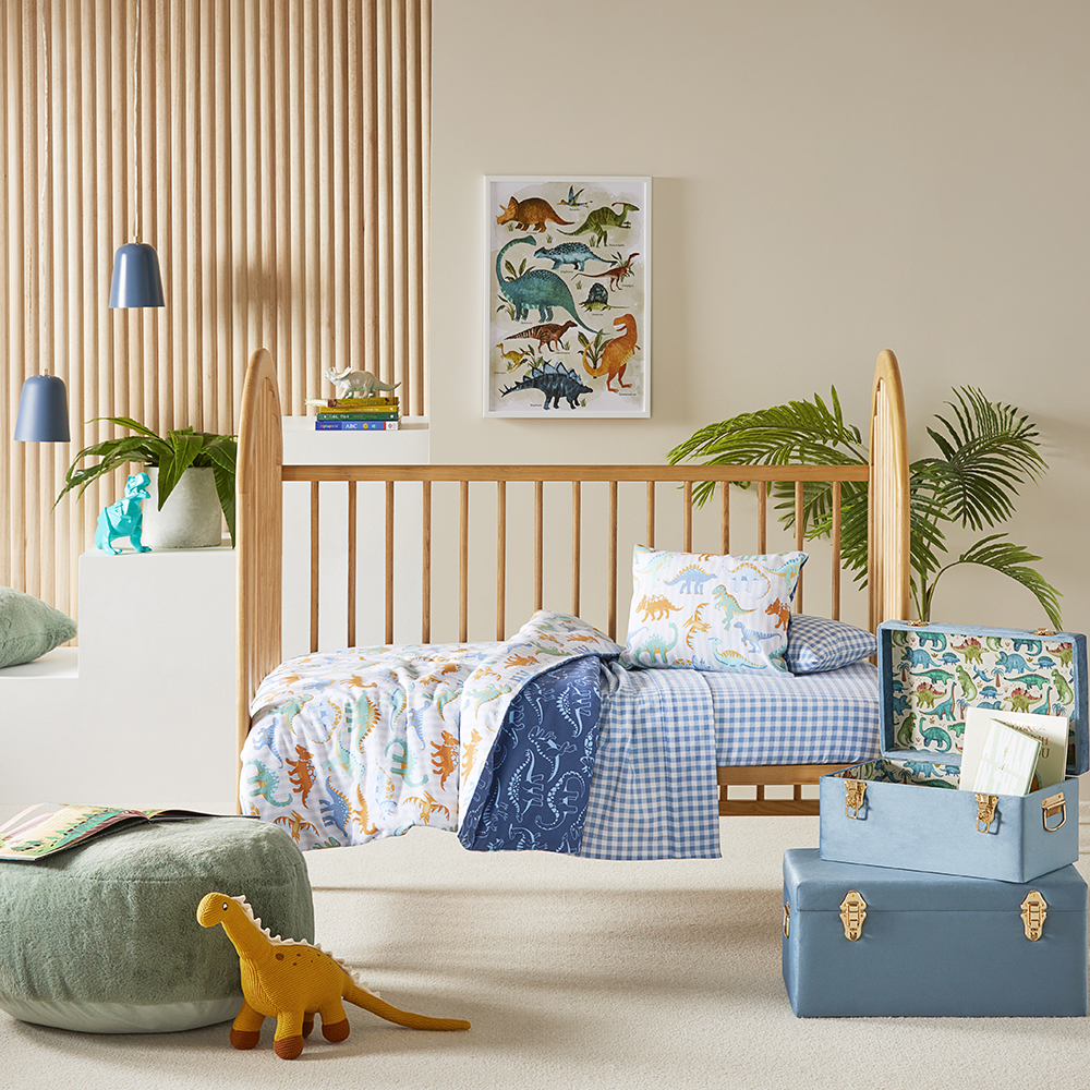 Dino Park Blue Flannelette Cot Quilt Cover Set