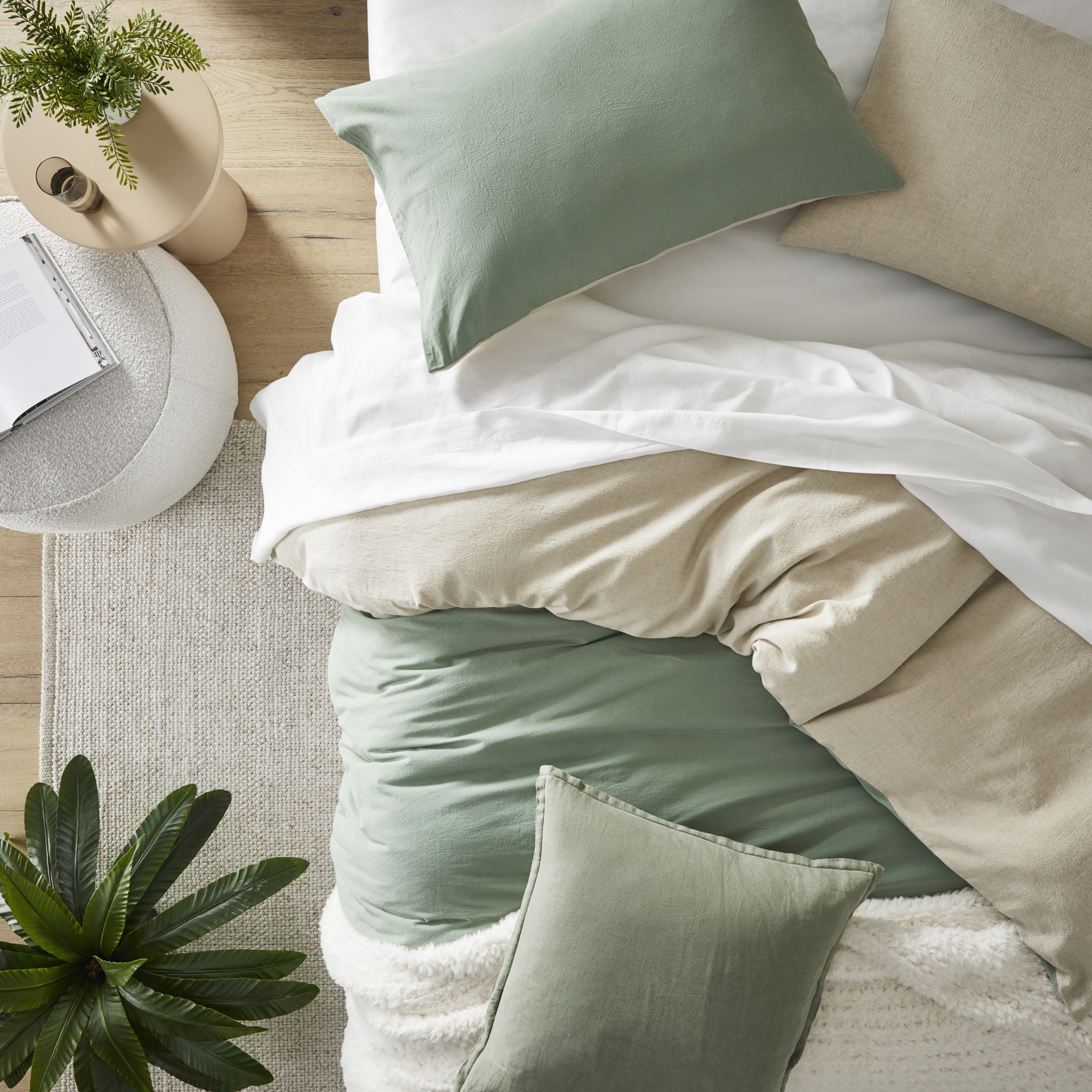 Olsen Linen Cotton Natural & Eucalyptus Quilt Cover Set + Separates