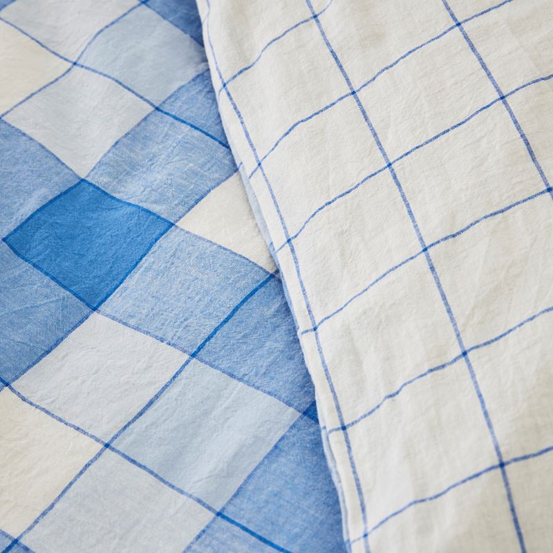 Vintage Washed Linen Cotton French Blue Check Quilt Cover Set + Separates