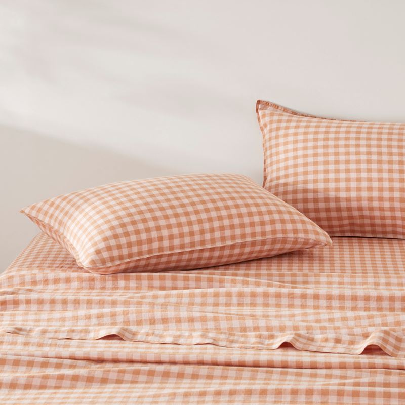 Vintage Washed Linen Caramel & Pink Check Sheet Separates