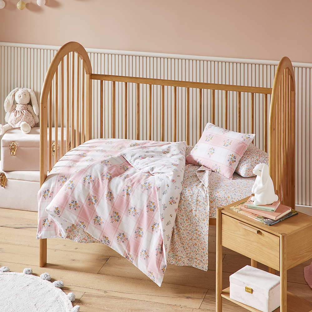 Lottie Vintage Pastel Pink Floral Flannelette Cot Quilt Cover Set