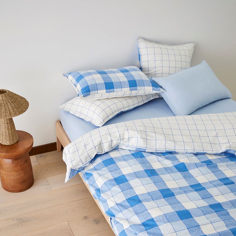 Vintage Washed Linen Cotton French Blue Check Quilt Cover Set + Separates
