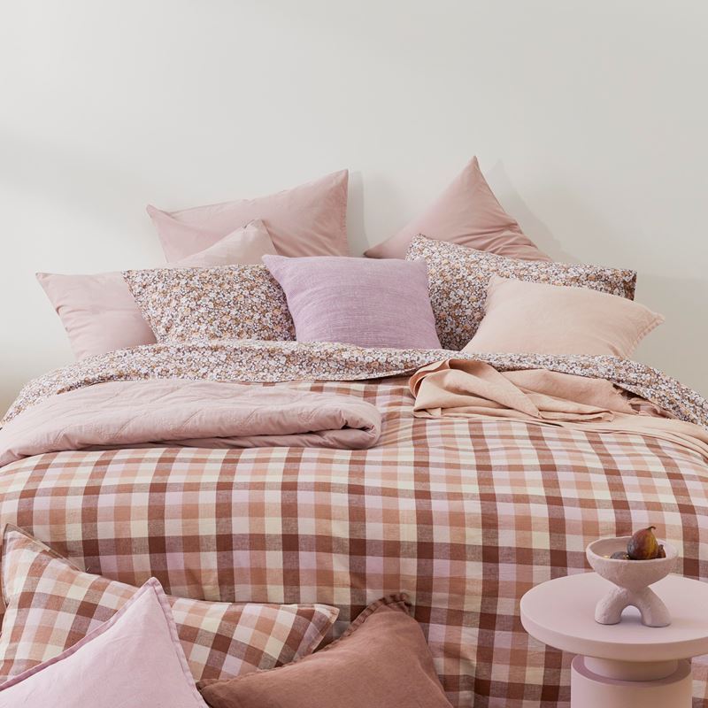 Vintage Washed Linen Cotton Mauve Check Quilt Cover Set + Separates