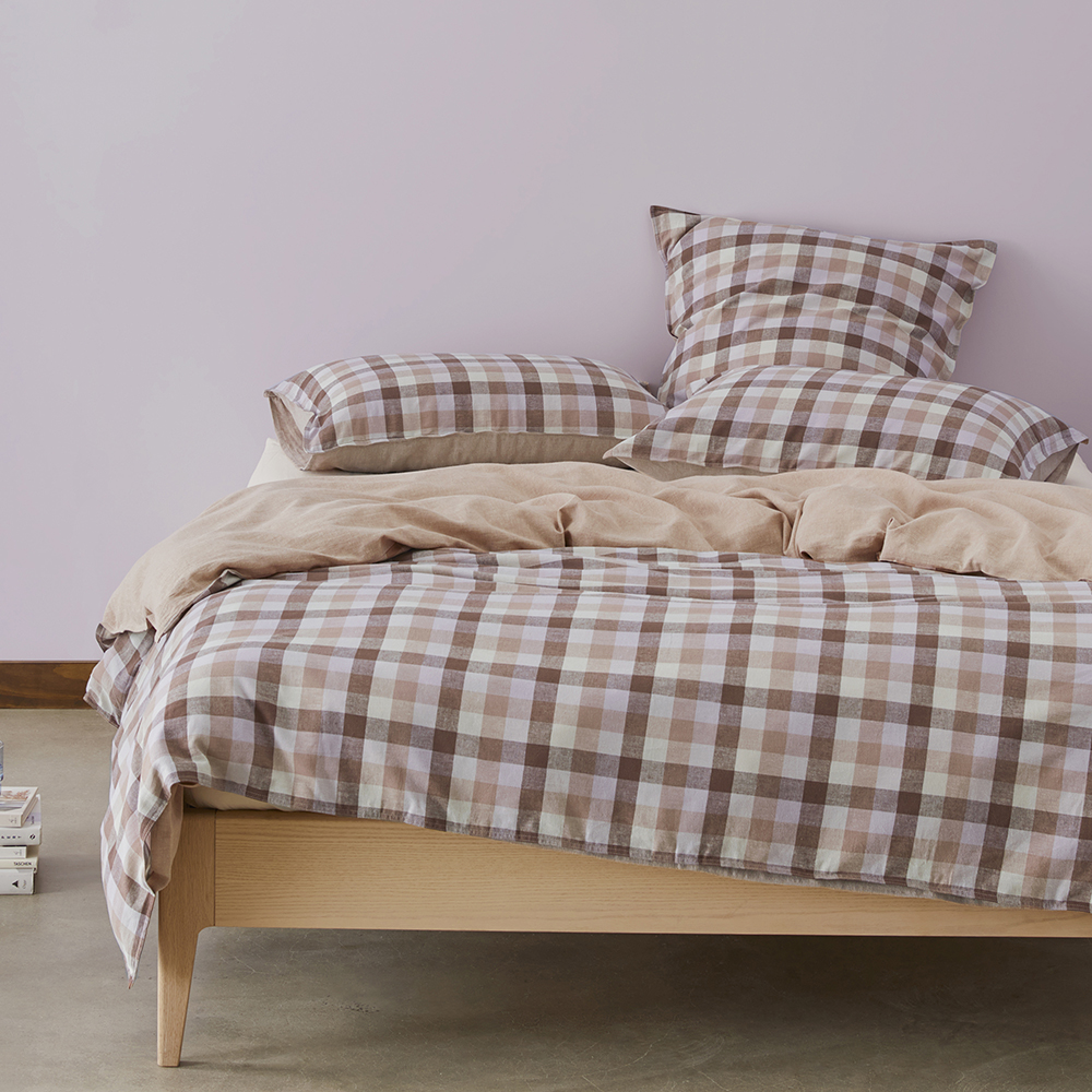 Vintage Washed Linen Cotton Mauve Check Quilt Cover Set + Separates